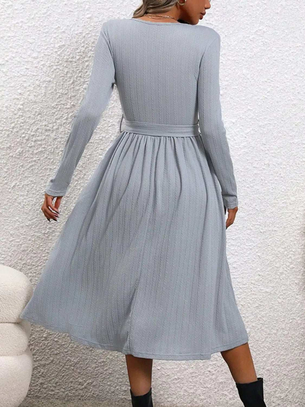 Surplice Tie Waist Long Sleeve Midi Dress - Trendsi - Flyclothing LLC