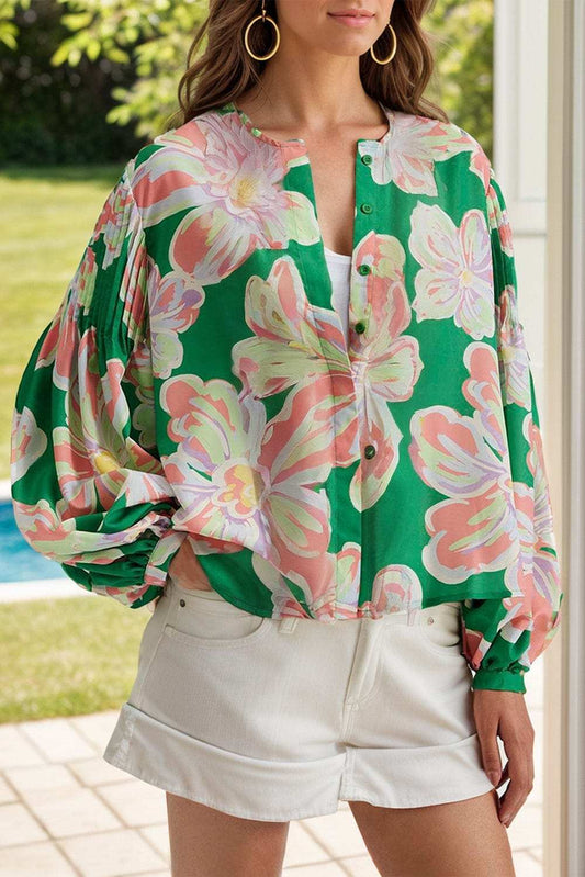 Floral Pleated Puff Sleeve Shirt - Trendsi - Flyclothing LLC