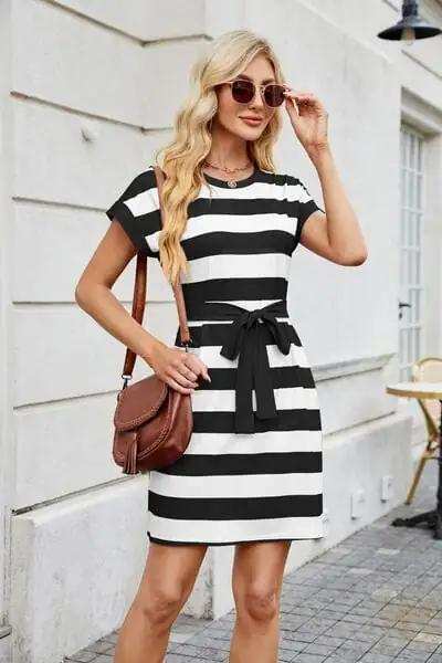 Tied Contrast Striped Short Sleeve Mini Tee Dress - Trendsi - Flyclothing LLC