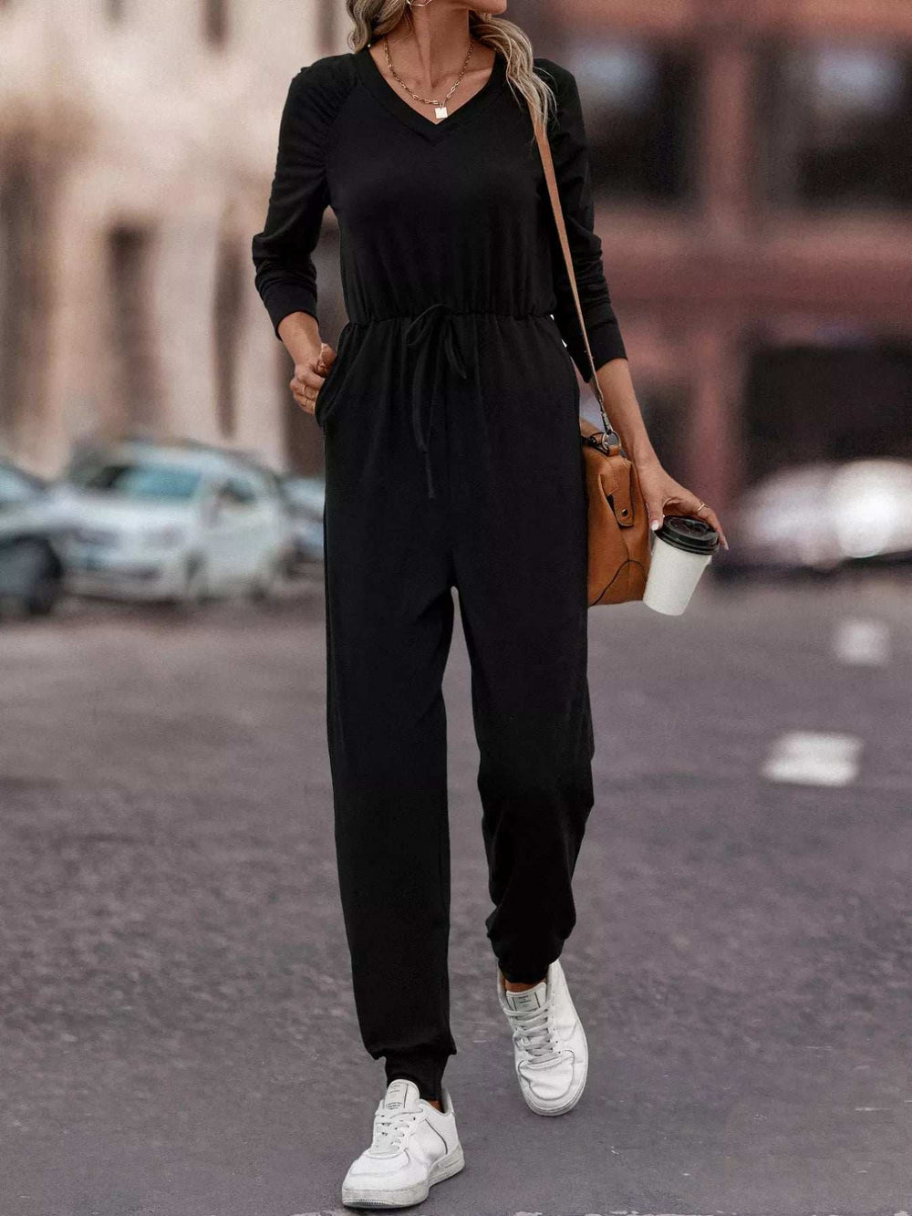Casual Long Sleeve Drawstring Waist Jumpsuit - Trendsi - Flyclothing LLC