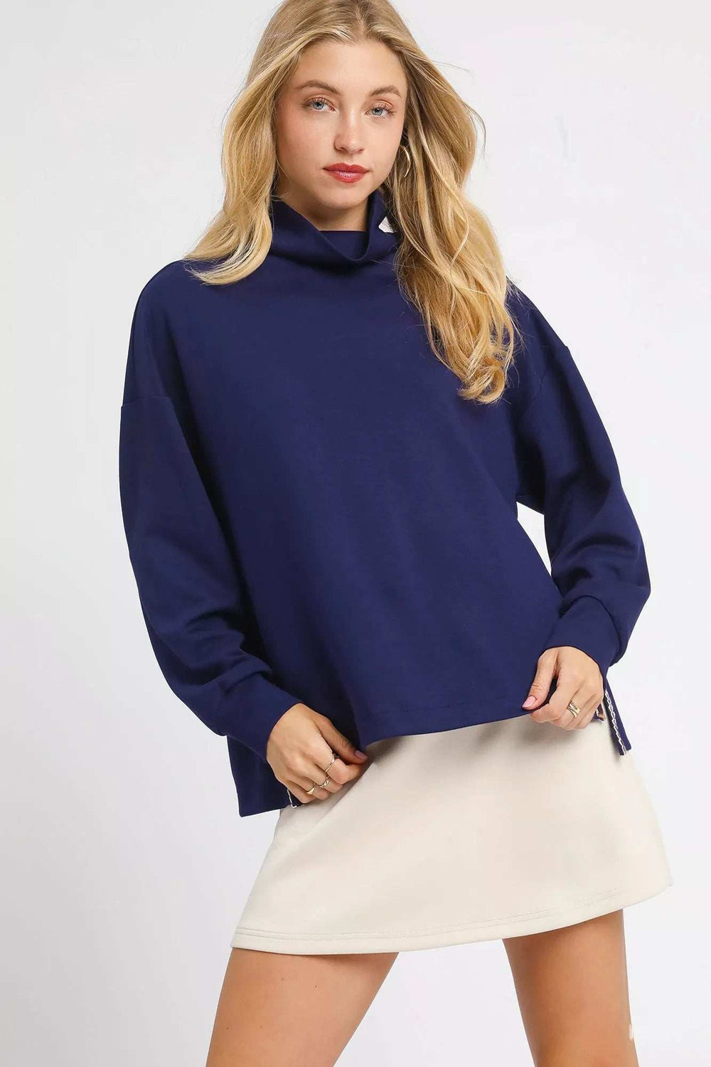Umgee Turtle Neck Dolman Sleeve Side Slit Sweater with Contrast Detail - Trendsi - Flyclothing LLC