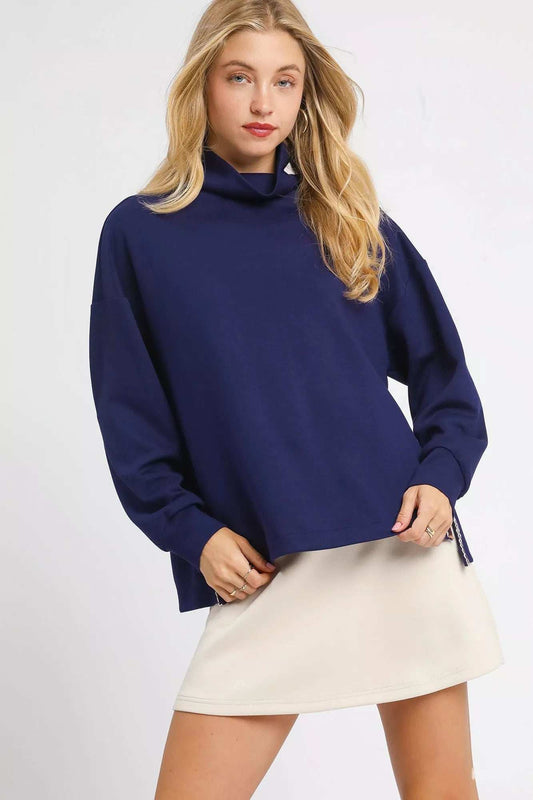 Umgee Turtle Neck Dolman Sleeve Side Slit Sweater with Contrast Detail - Trendsi - Flyclothing LLC
