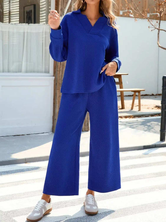 Johnny Collar Long Sleeve Top and Wide Leg Pants Set - Trendsi - Flyclothing LLC