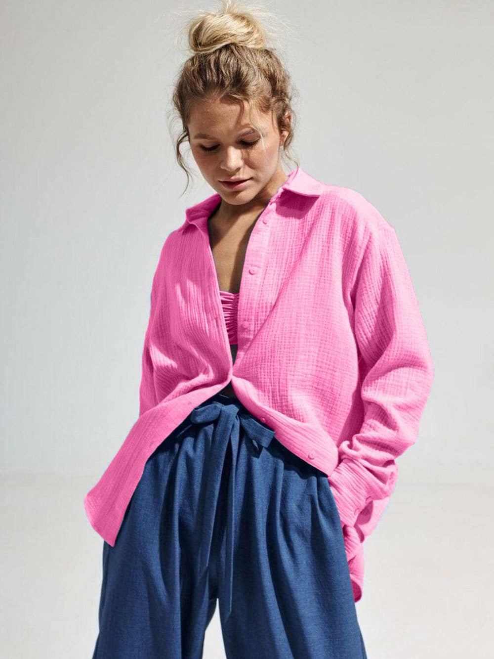 Textured Collared Neck Long Sleeve Shirt - Trendsi - Flyclothing LLC