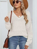 Eyelet V-Neck Long Sleeve Sweater - Trendsi - Flyclothing LLC