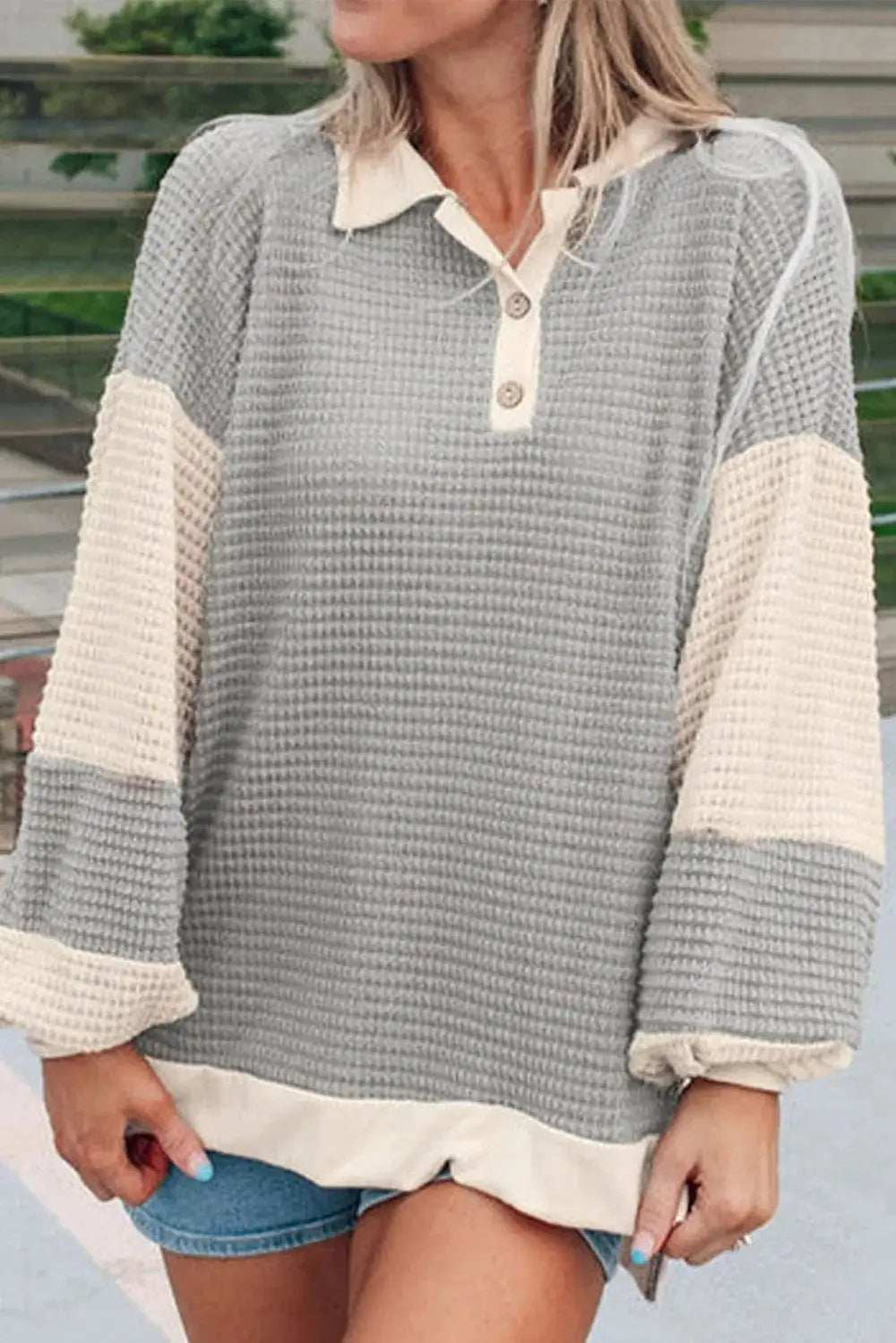 Color Block Collared Neck Long Sleeve Top - Trendsi - Flyclothing LLC