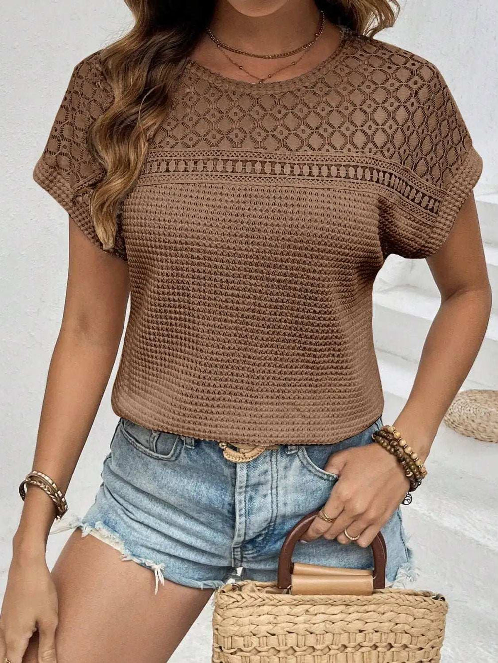 Waffle-Knit Round Neck Short Sleeve Top - Trendsi - Flyclothing LLC