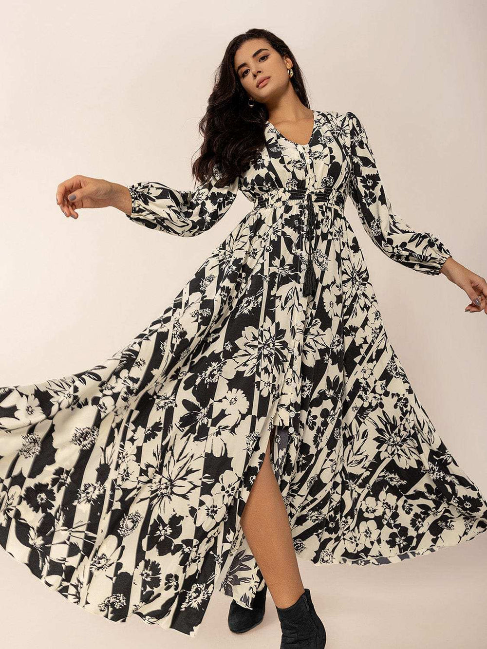 Tied Printed V-Neck Long Sleeve Midi Dress - Trendsi - Flyclothing LLC