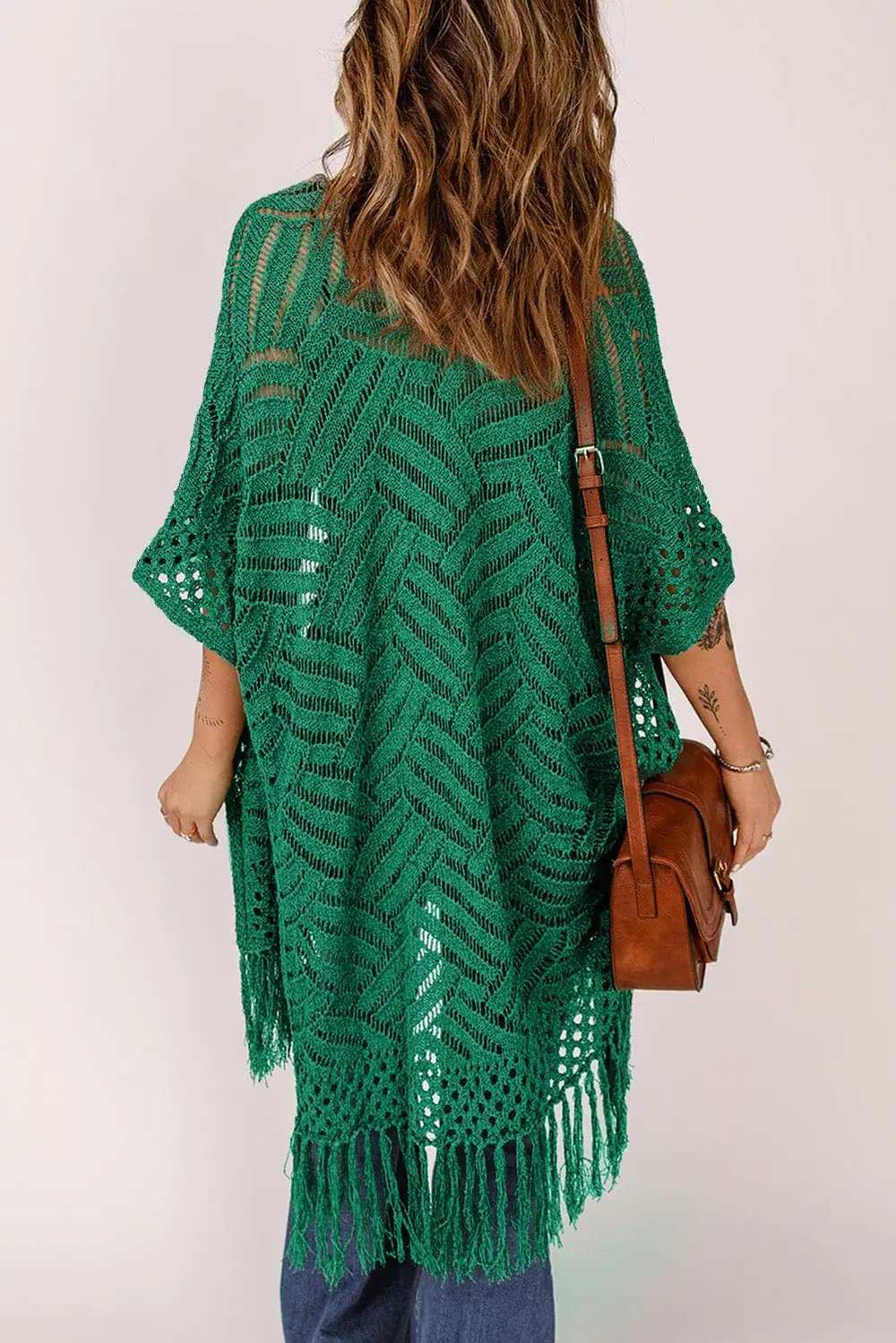 Openwork Open Front Cardigan with Fringes - Trendsi - Flyclothing LLC