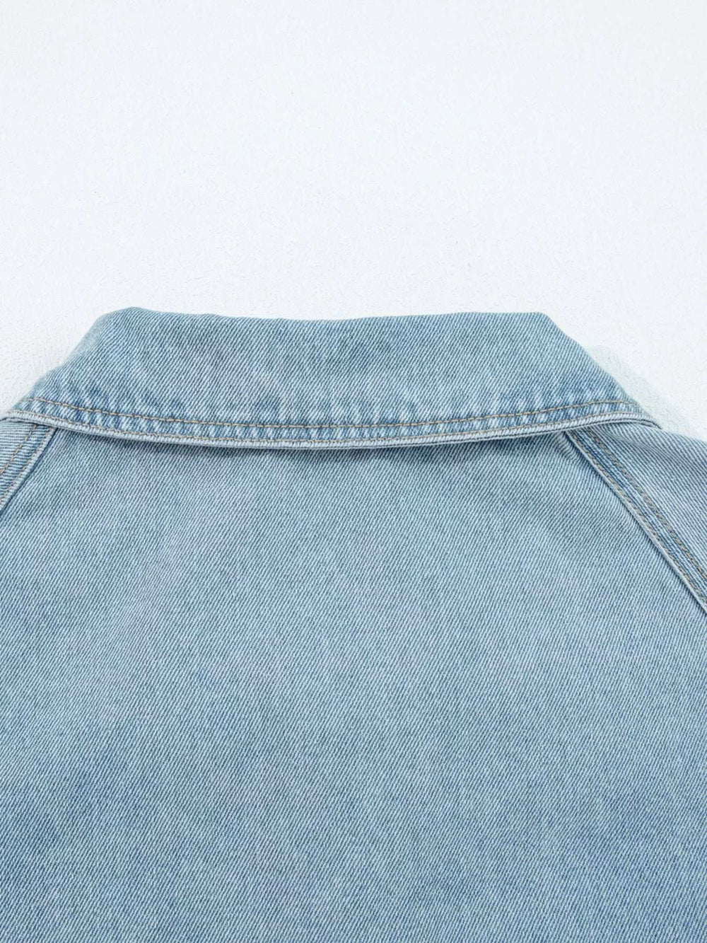 Elastic Edge Collared Zip Up Denim Jacket With Pocket - Trendsi - Flyclothing LLC