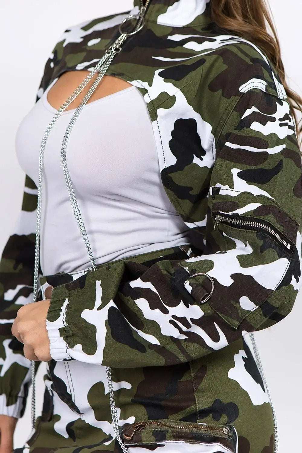 American Bazi Camouflage Cropped Jacket with Chains - Trendsi - Flyclothing LLC