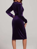 Round Neck Tie Waist Long Sleeve Velvet Dress - Trendsi - Flyclothing LLC