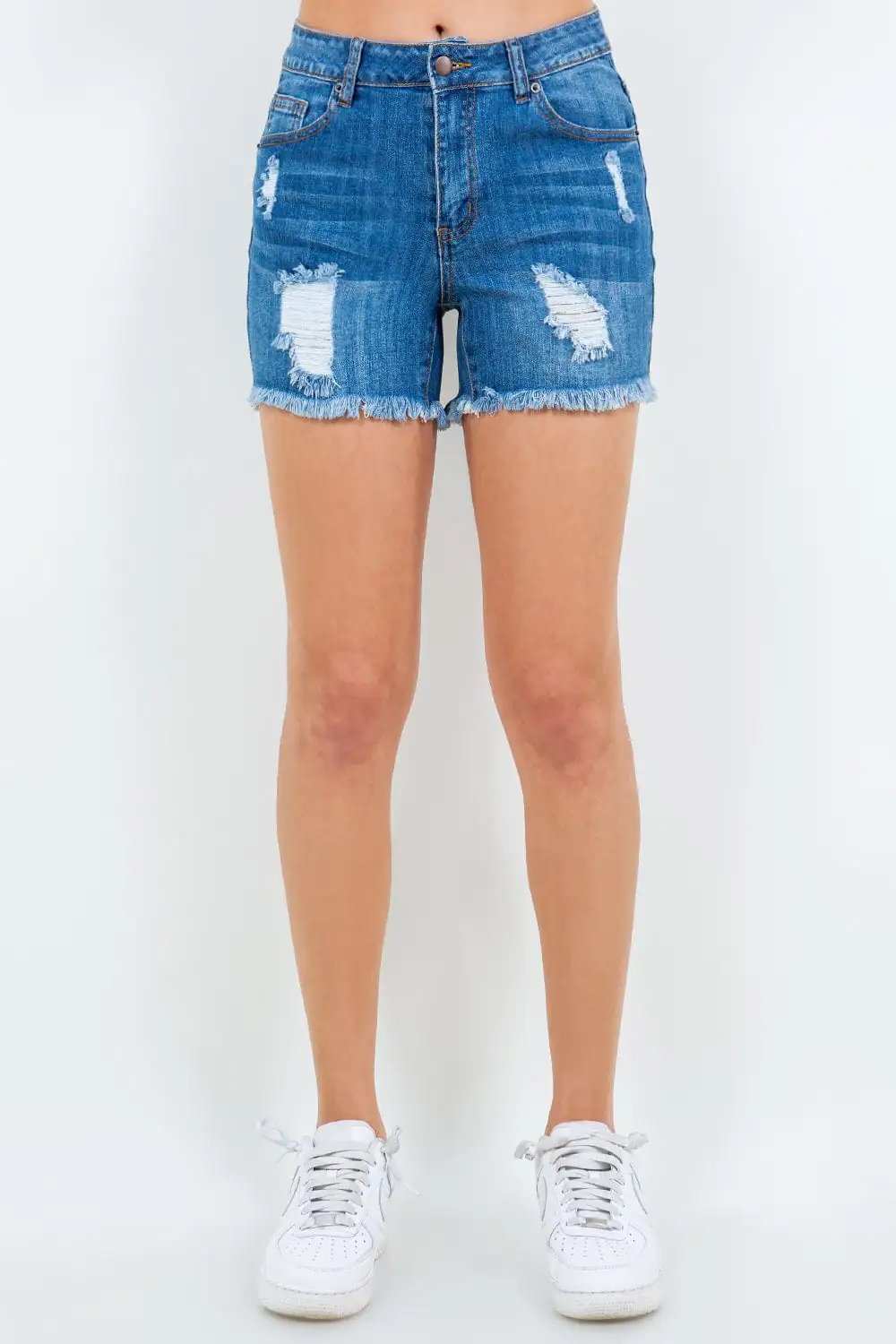 American Bazi High Waist Distressed Frayed Denim Shorts - Trendsi - Flyclothing LLC