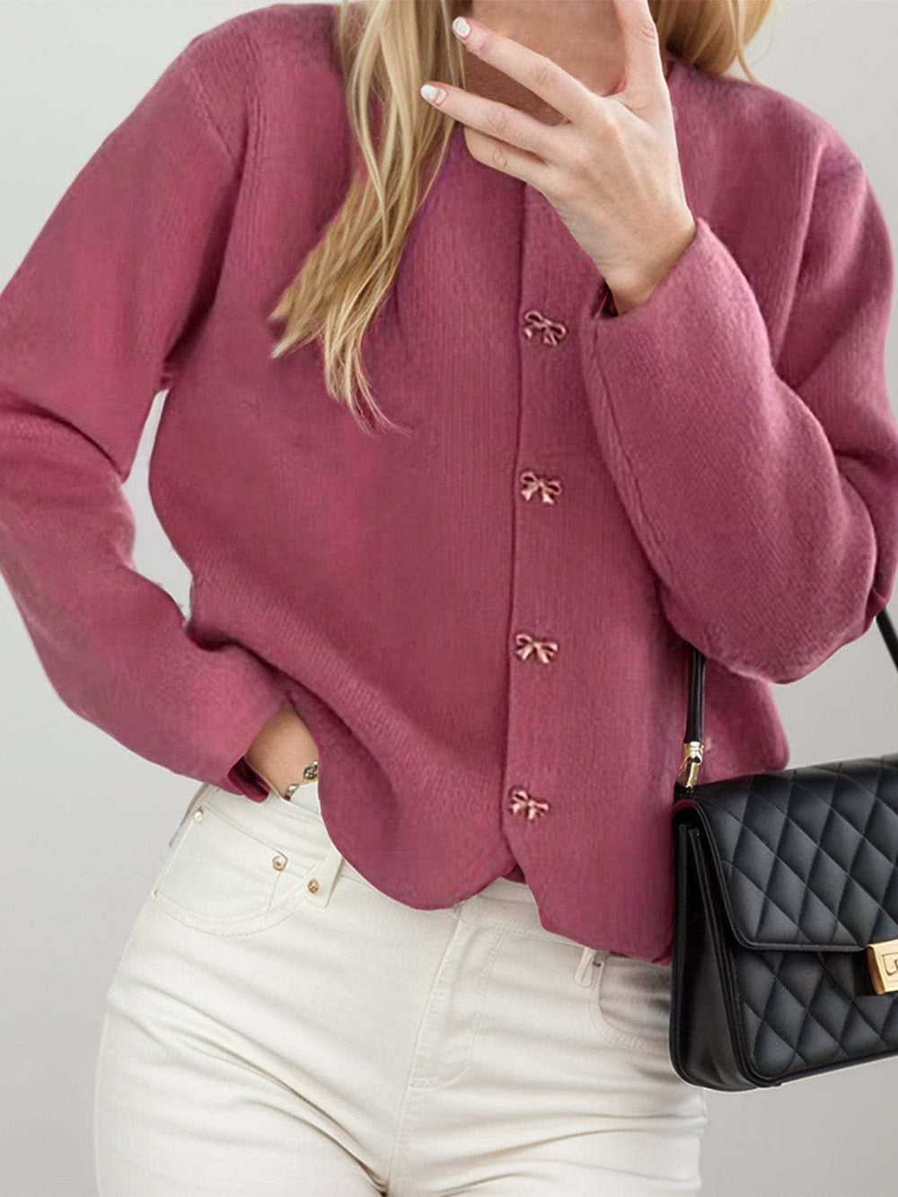 Bow Button Down Round Neck Long Sleeve Cardigan - Trendsi - Flyclothing LLC