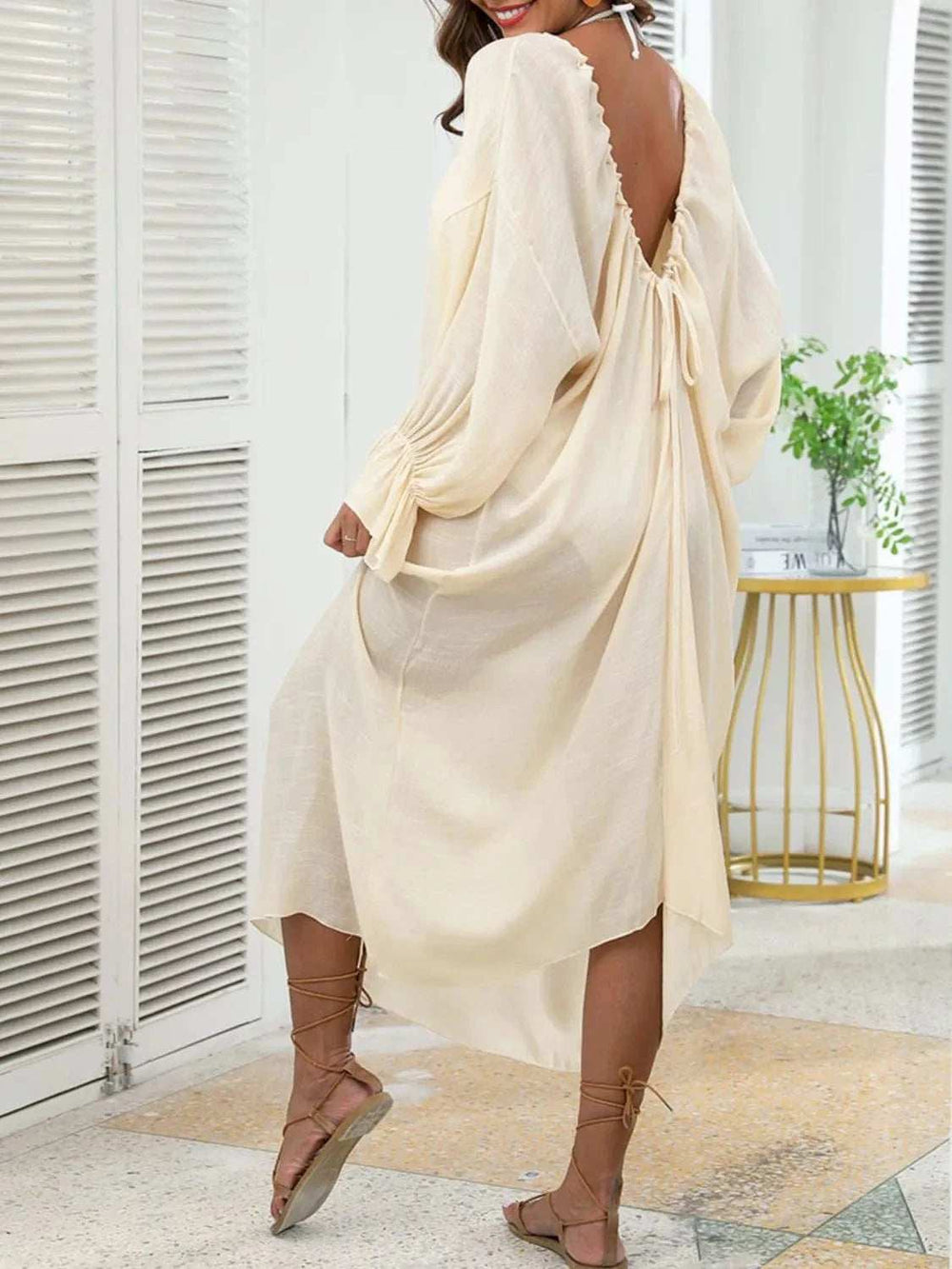Backless Drawstring Back Flounce Sleeve Cover-Up - Trendsi - Flyclothing LLC