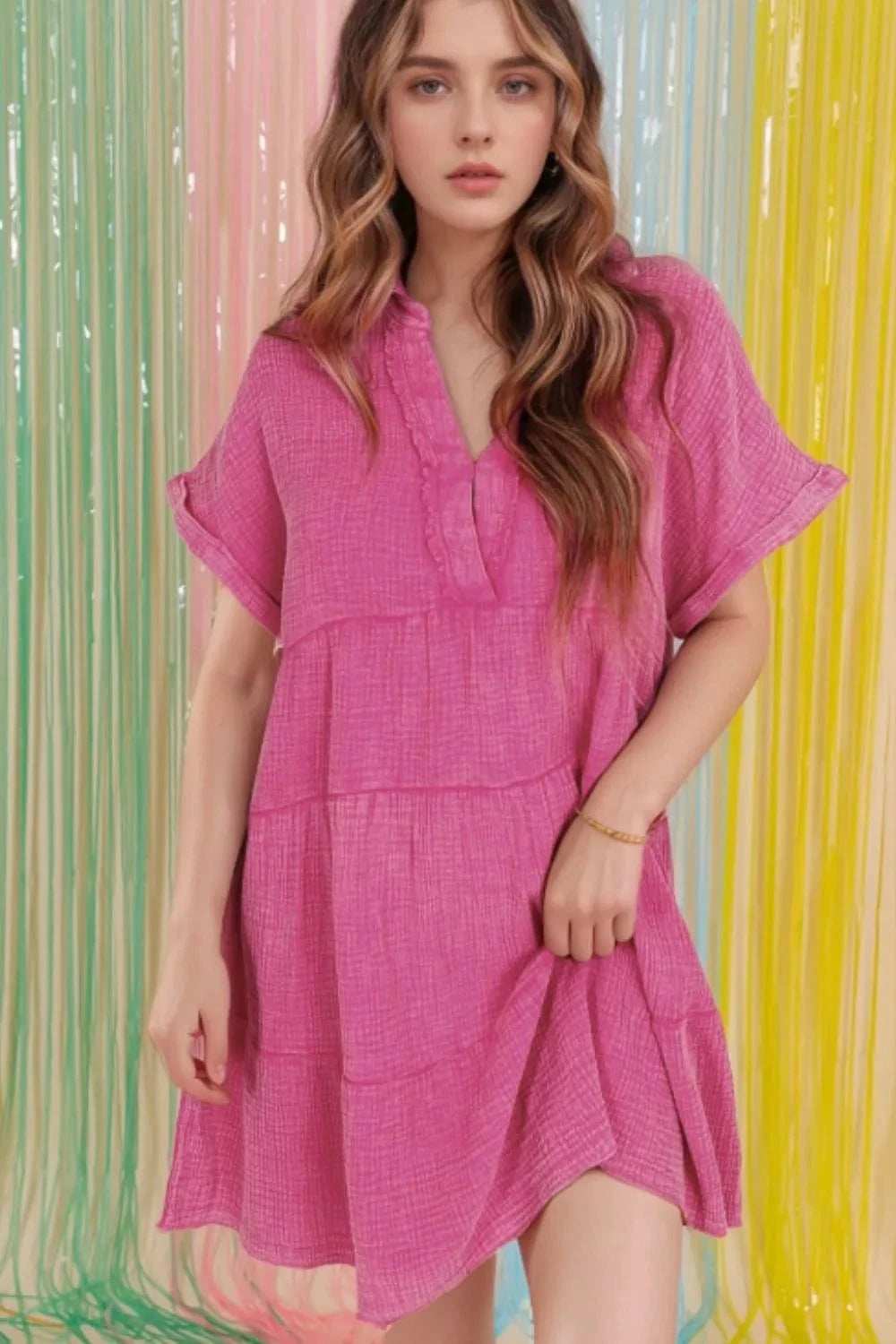 Mineral Wash Crinkle Split Neck Raw Hem Tiered Dress - Trendsi - Flyclothing LLC