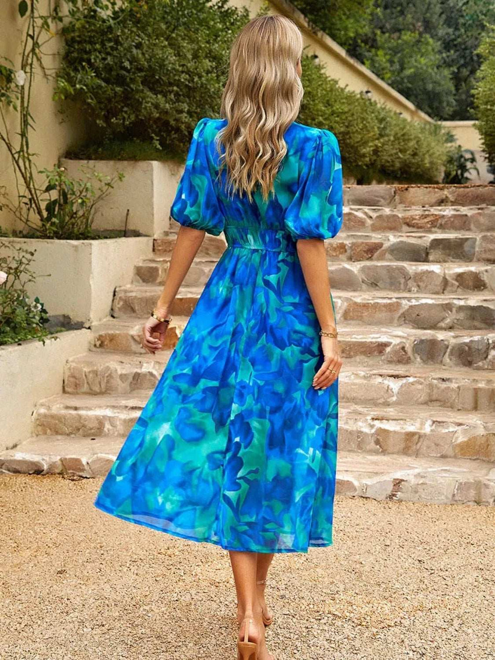 Printed Puff Sleeve Midi Dress - Trendsi - Flyclothing LLC