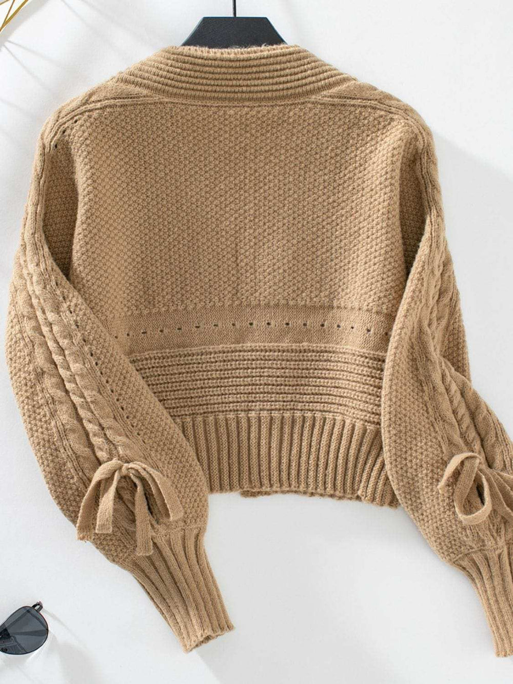 Cable-Knit Tied Open Front Lantern Sleeve Cardigan - Trendsi - Flyclothing LLC