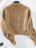 Cable-Knit Tied Open Front Lantern Sleeve Cardigan - Trendsi - Flyclothing LLC