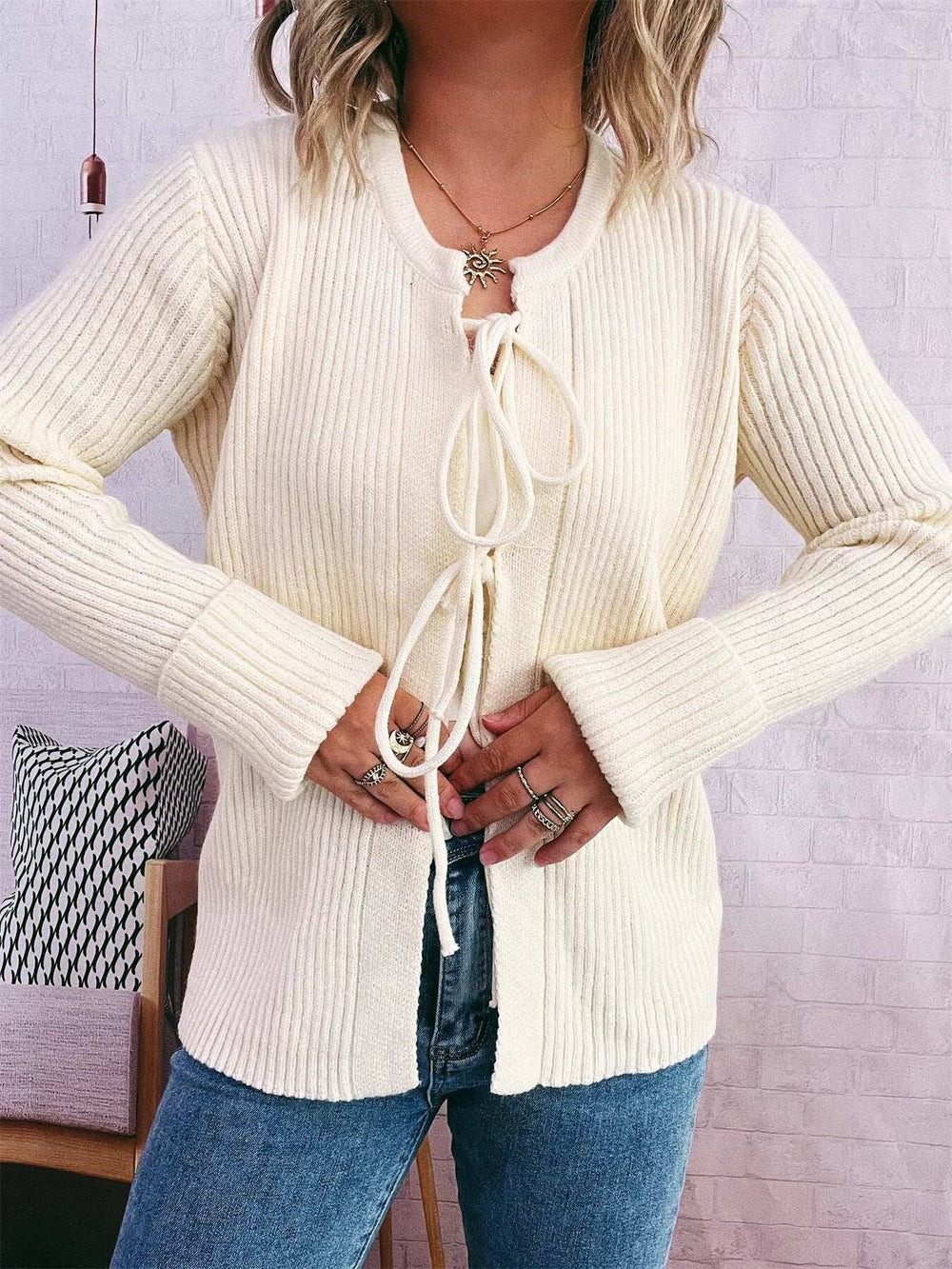 Ribbed Tie Front Long Sleeve Cardigan - Trendsi - Flyclothing LLC