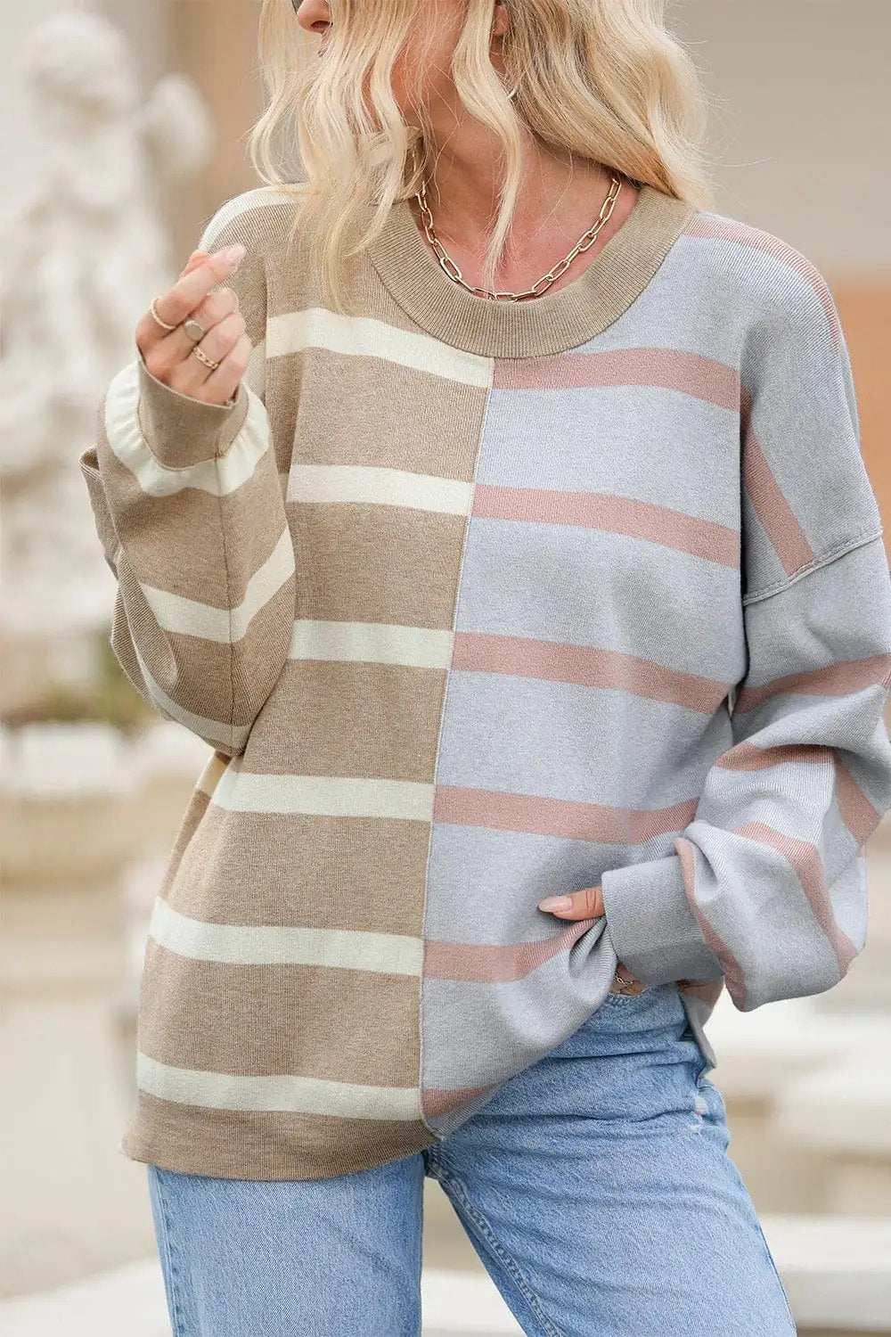 Striped Round Neck Long Sleeve Knit Top - Trendsi - Flyclothing LLC