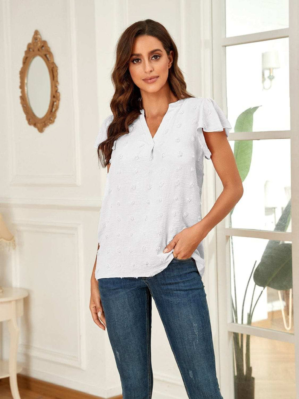 Swiss Dot Notched Cap Sleeve Blouse - Trendsi - Flyclothing LLC