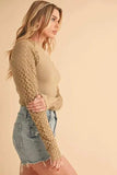 Aemi+Co Mock Neck Ribbed Knit Top with Crochet Sleeve - Trendsi - Flyclothing LLC