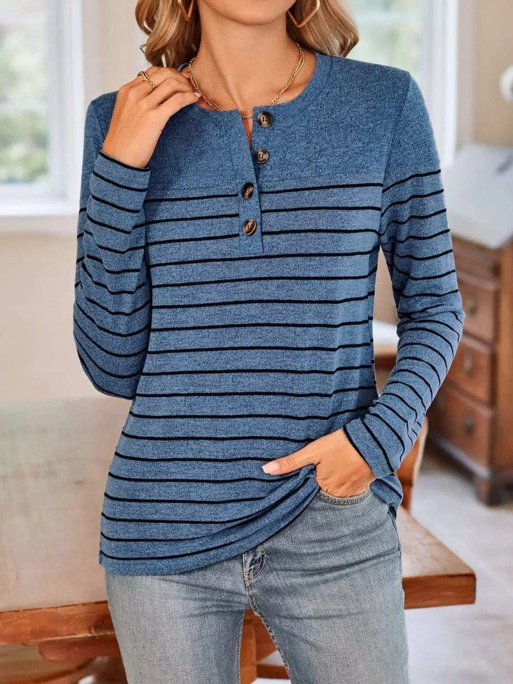 Lovelet Quarter Button Striped Round Neck Long Sleeve T-Shirt - Trendsi - Flyclothing LLC
