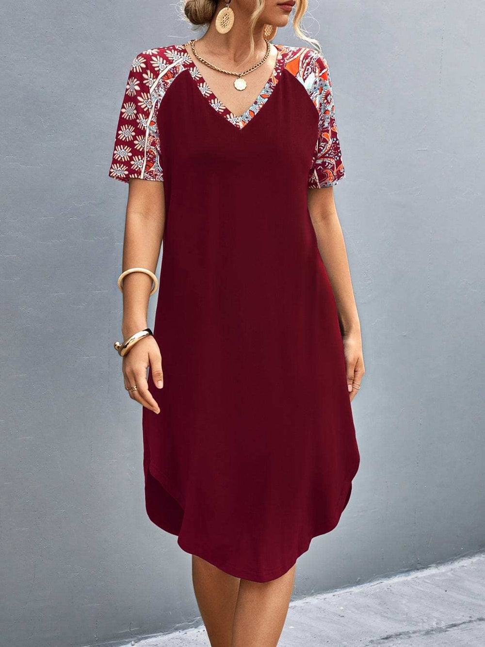 Printed V-Neck Short Sleeve Dress - Trendsi - Flyclothing LLC