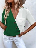 Decorative Button Surplice Short Sleeve Blouse - Trendsi - Flyclothing LLC