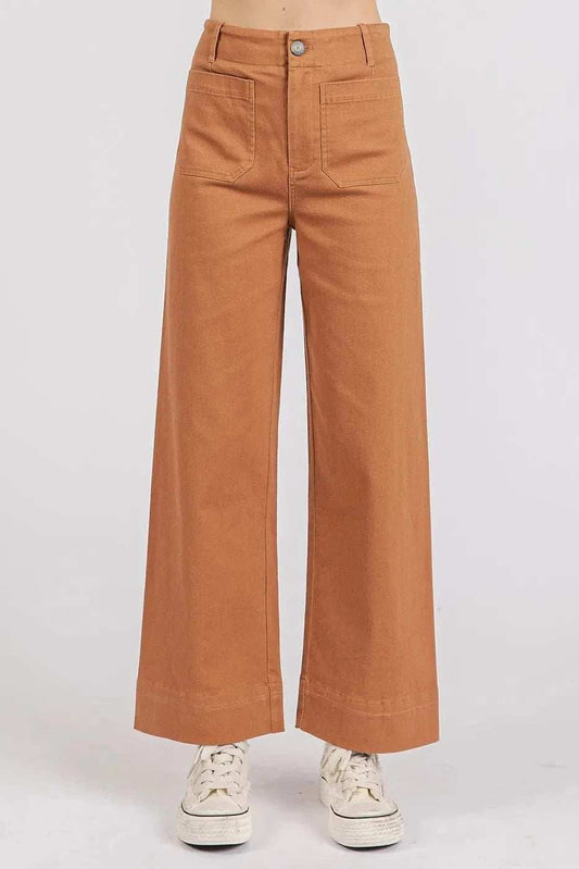 Mittoshop Twill Patch Pocket High Rise Wide Leg Pants - Trendsi - Flyclothing LLC