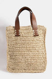 Fame Faux Leather Handle Straw Braided Handbag - Trendsi - Flyclothing LLC