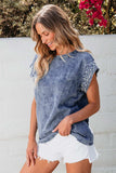 Pearl Trim Round Neck Cap Sleeve Denim Top - Trendsi - Flyclothing LLC