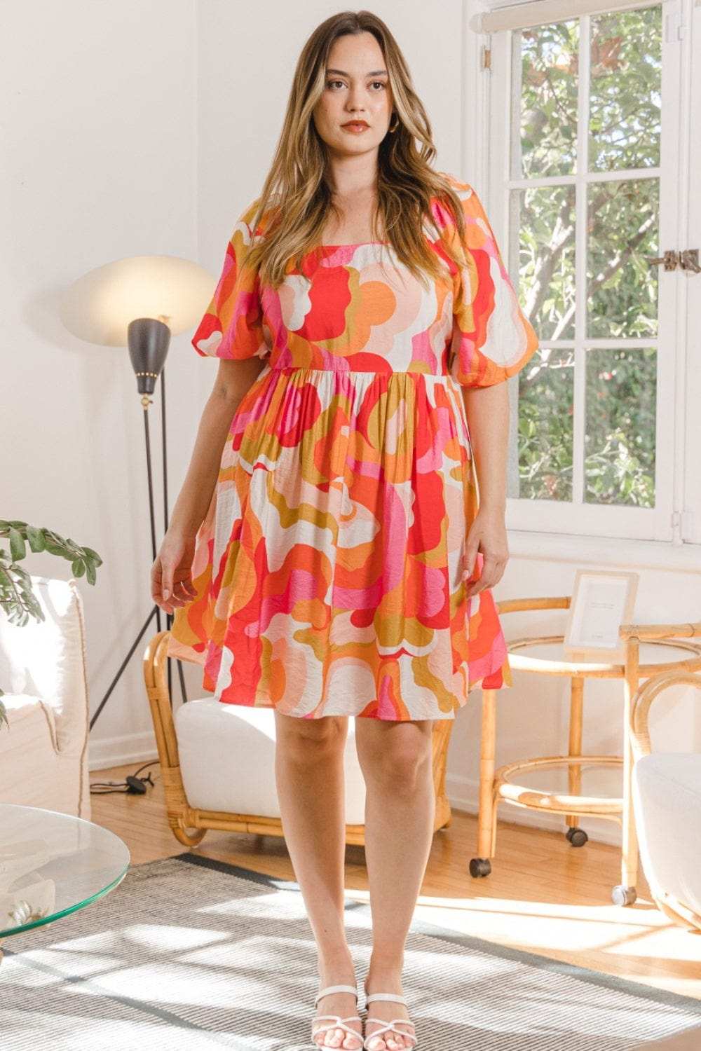 ODDI Full Size Printed Tied Back Short Sleeve Mini Dress - Trendsi - Flyclothing LLC