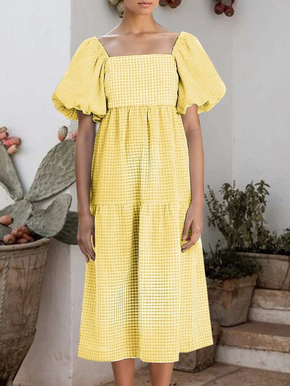 Plaid Square Neck Short Sleeve Dress - Trendsi - Flyclothing LLC