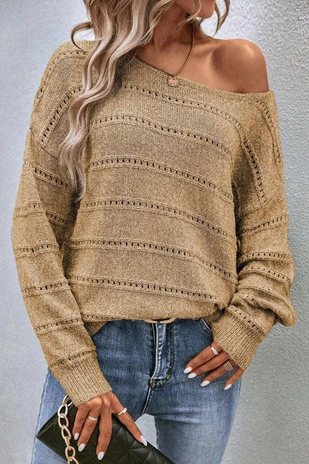 Boat Neck Dropped Shoulder Sweater - Trendsi - Flyclothing LLC