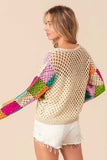 BiBi Multi Color Checkered Long Sleeve Knit Top - Trendsi - Flyclothing LLC