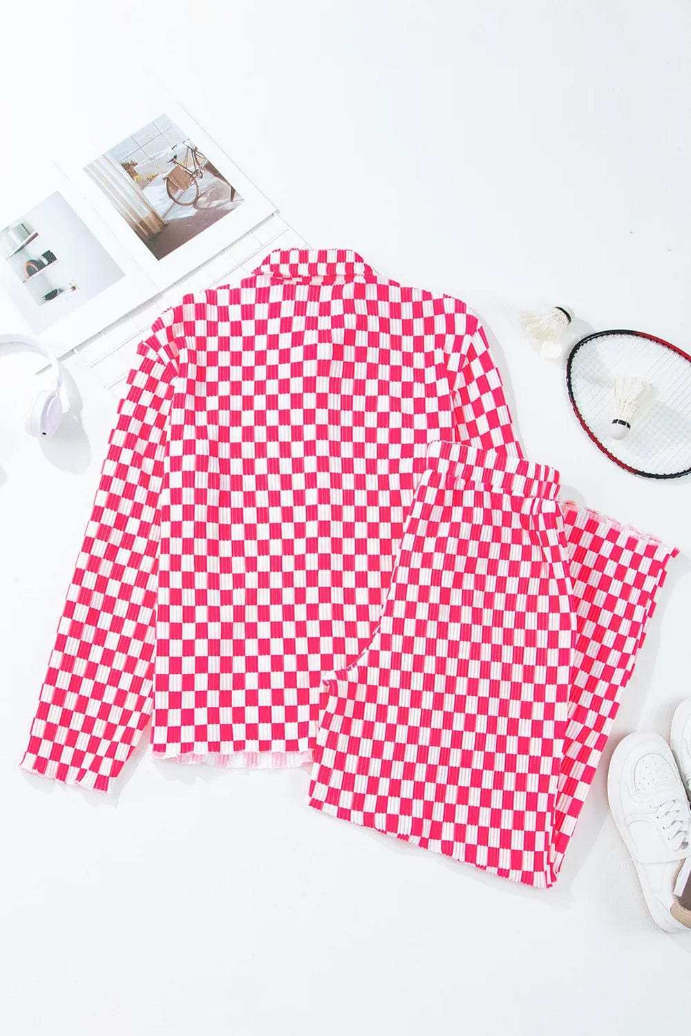 Checkered Button Up Top and Pants Lounge Set - Trendsi - Flyclothing LLC