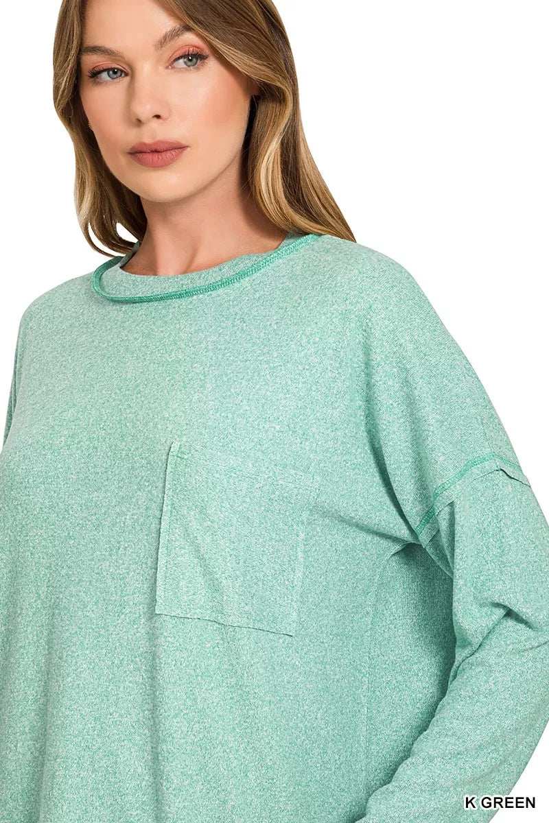 Zenana Soft Melange Hacci Round-Neck Long Sleeve T-Shirt - Trendsi - Flyclothing LLC