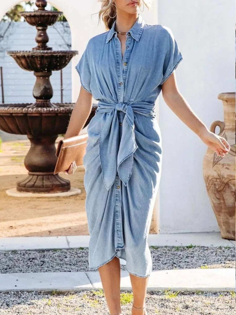 Collared Neck Tie Waist Short Sleeve Denim Dress - Trendsi - Flyclothing LLC