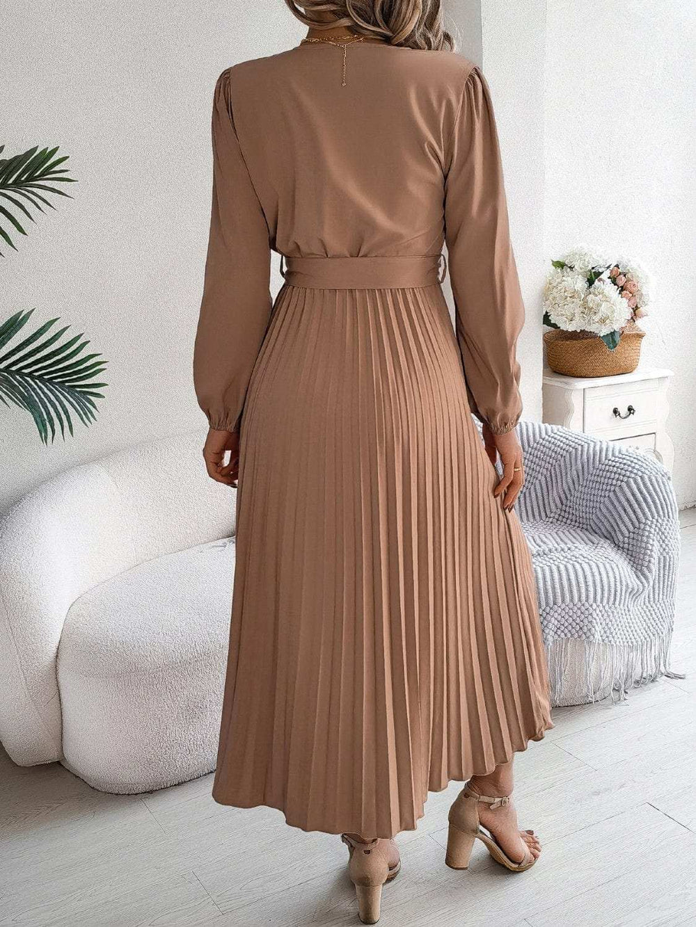 Pleated Tied V-Neck Long Sleeve Dress - Trendsi - Flyclothing LLC