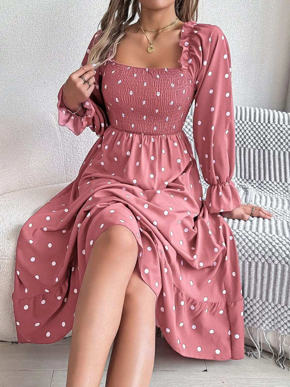 Polka Dot Flounce Sleeve Midi Dress - Trendsi - Flyclothing LLC