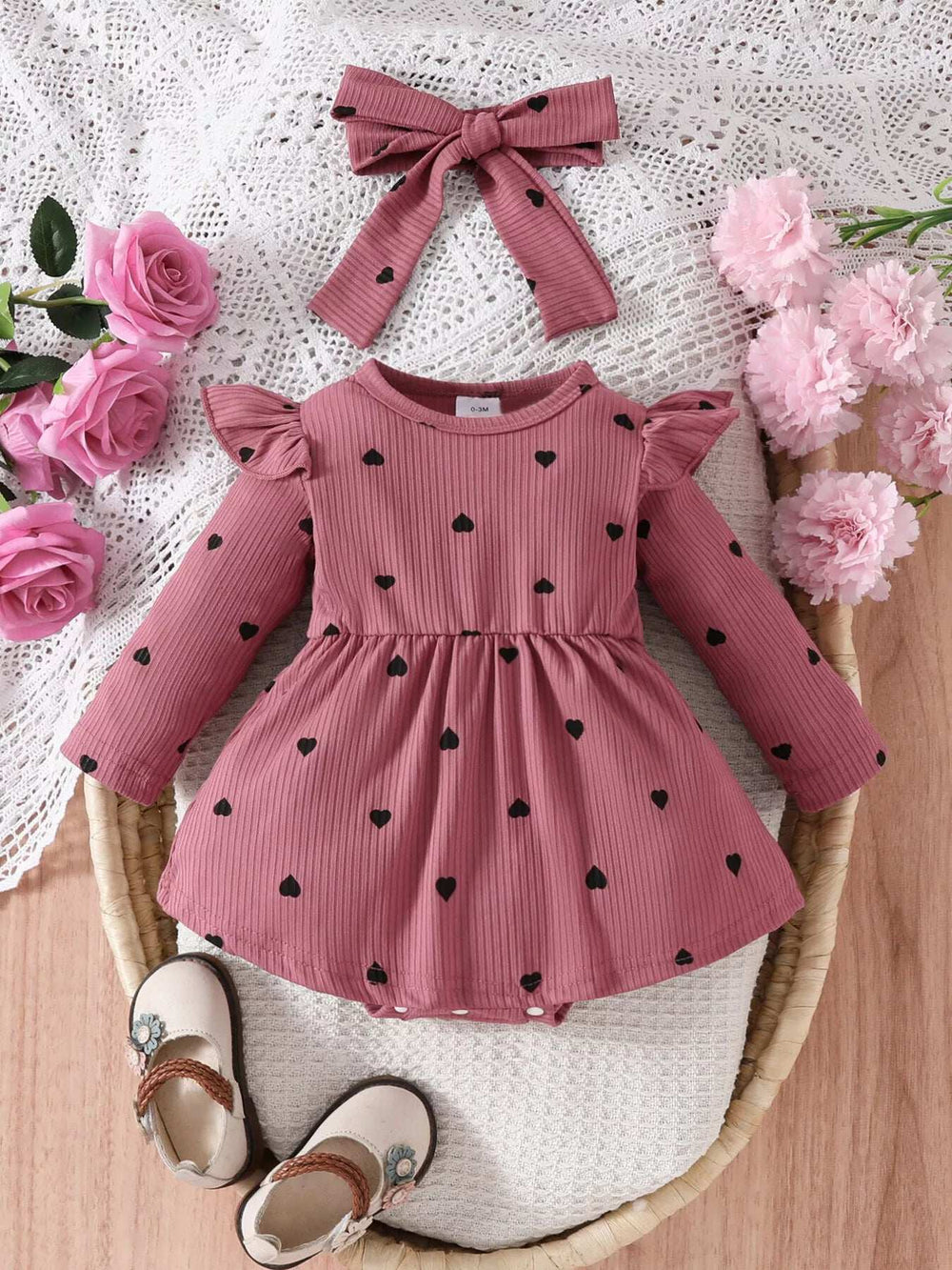 Children's Heart Print Ruffle Trim Bodysuit Dress with Headband - Trendsi - Flyclothing LLC