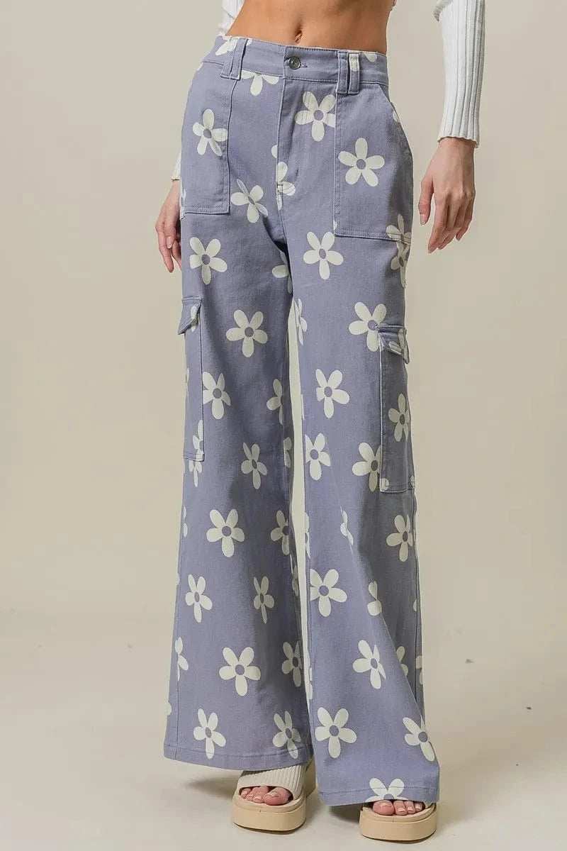 BiBi Flower Printed Side Pocket Wide Pants - Trendsi - Flyclothing LLC