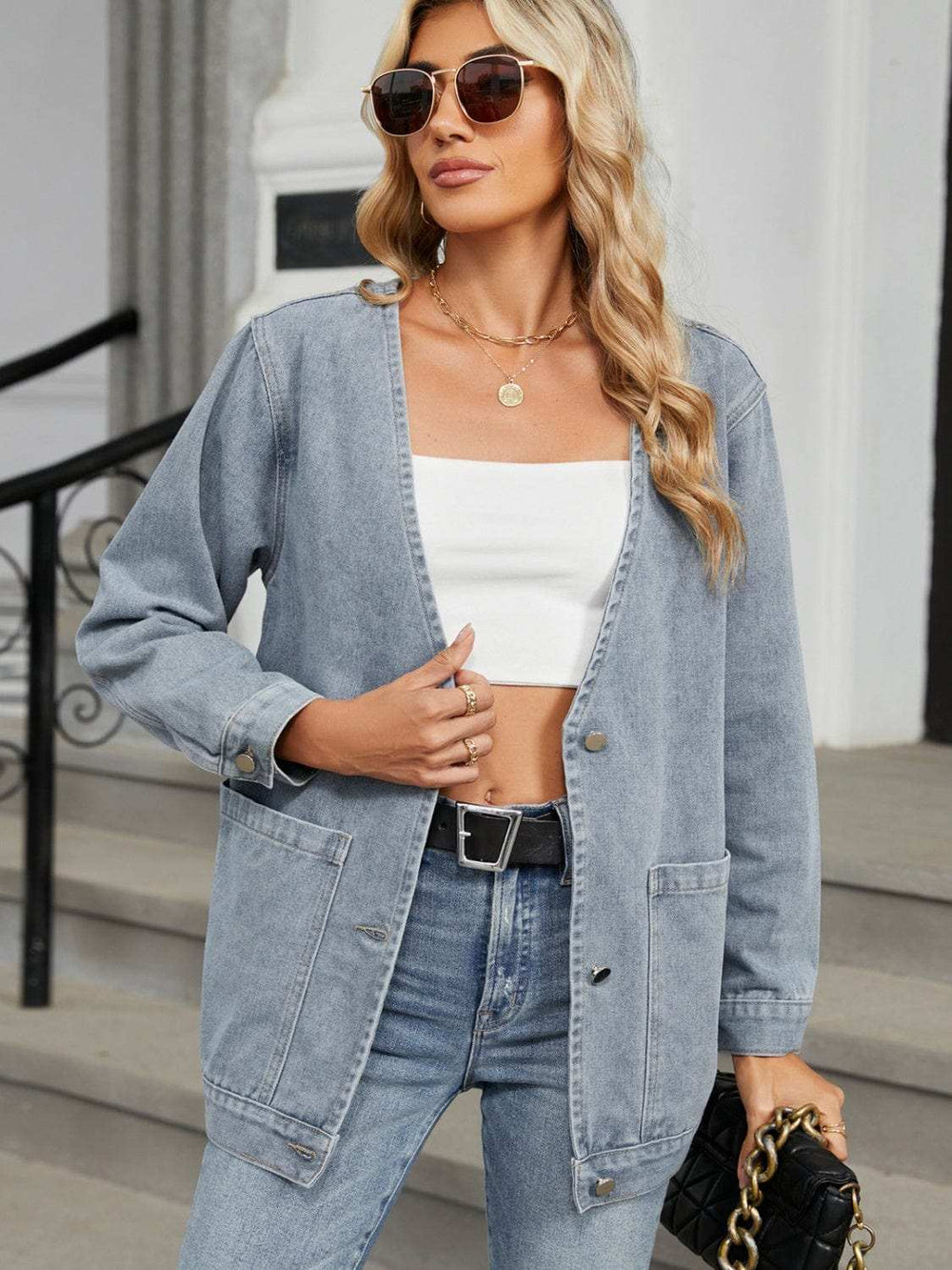 Pocketed V-Neck Button Up Denim Jacket - Trendsi - Flyclothing LLC