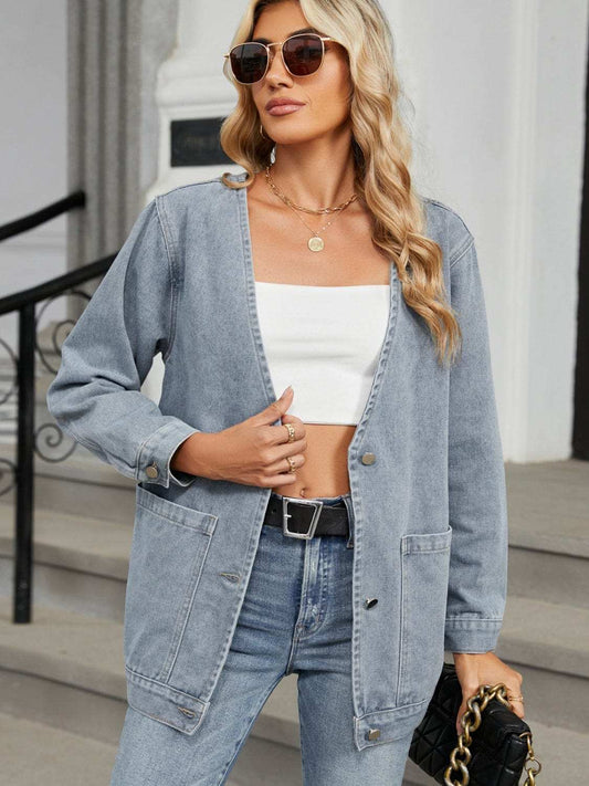 Pocketed V-Neck Button Up Denim Jacket - Trendsi - Flyclothing LLC