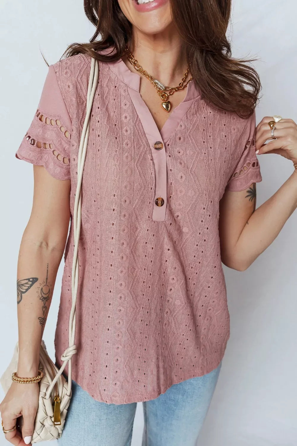 Textured Embroidered Half Buttons Short Sleeve Blouse - Trendsi - Flyclothing LLC