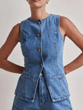 Button Down Denim Vest - Trendsi - Flyclothing LLC