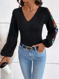 V-Neck Crochet Long Sleeve Top - Trendsi - Flyclothing LLC