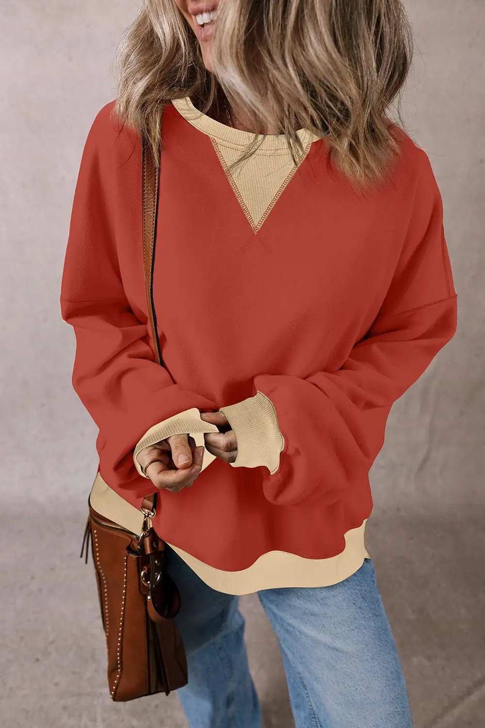 Contrast Round Neck Long Sleeve Sweatshirt - Trendsi - Flyclothing LLC